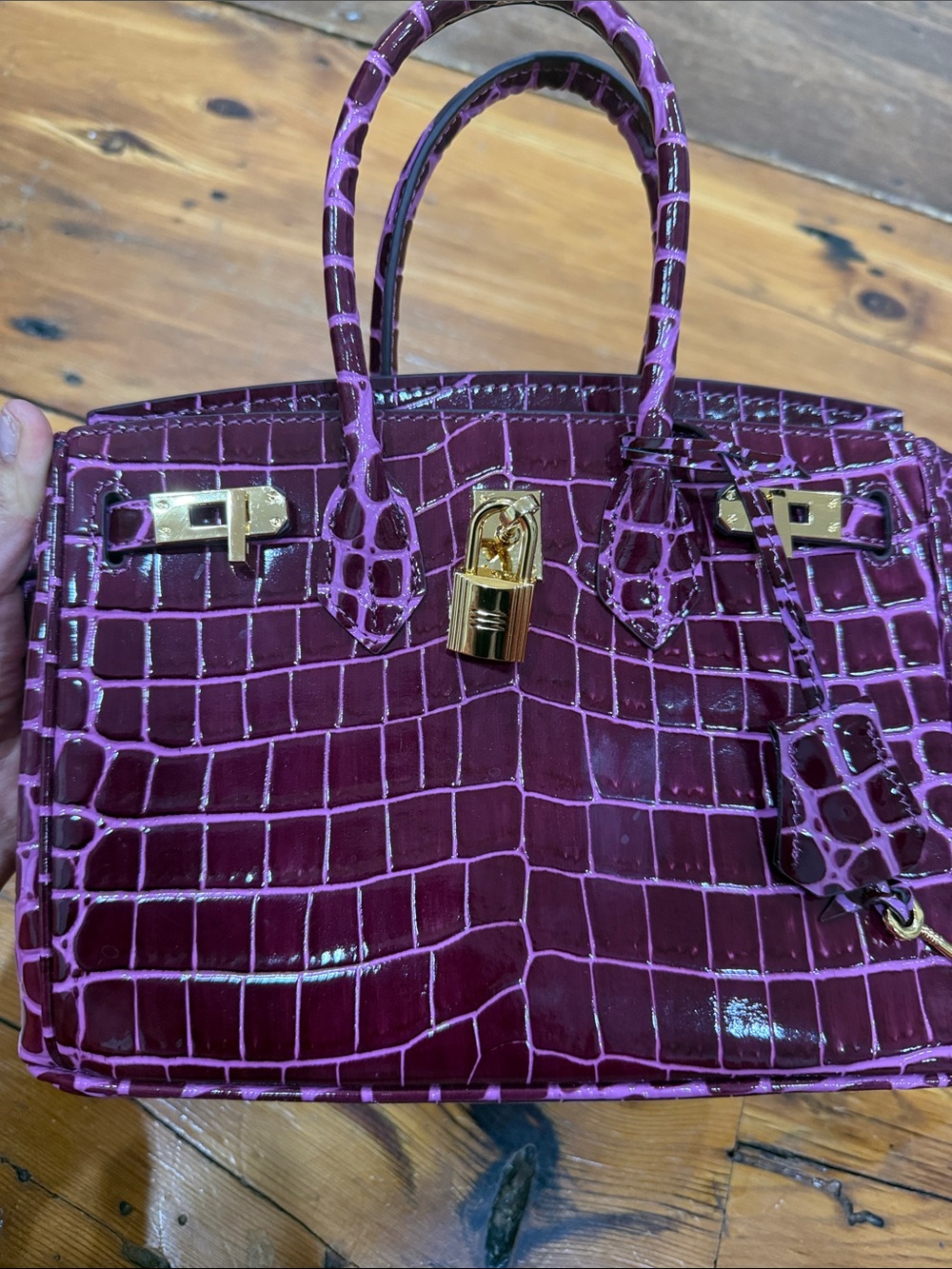 Purple Croc-Embossed Satchel Handbag with Lock Gold Hardware Purse - Picture 6 of 13
